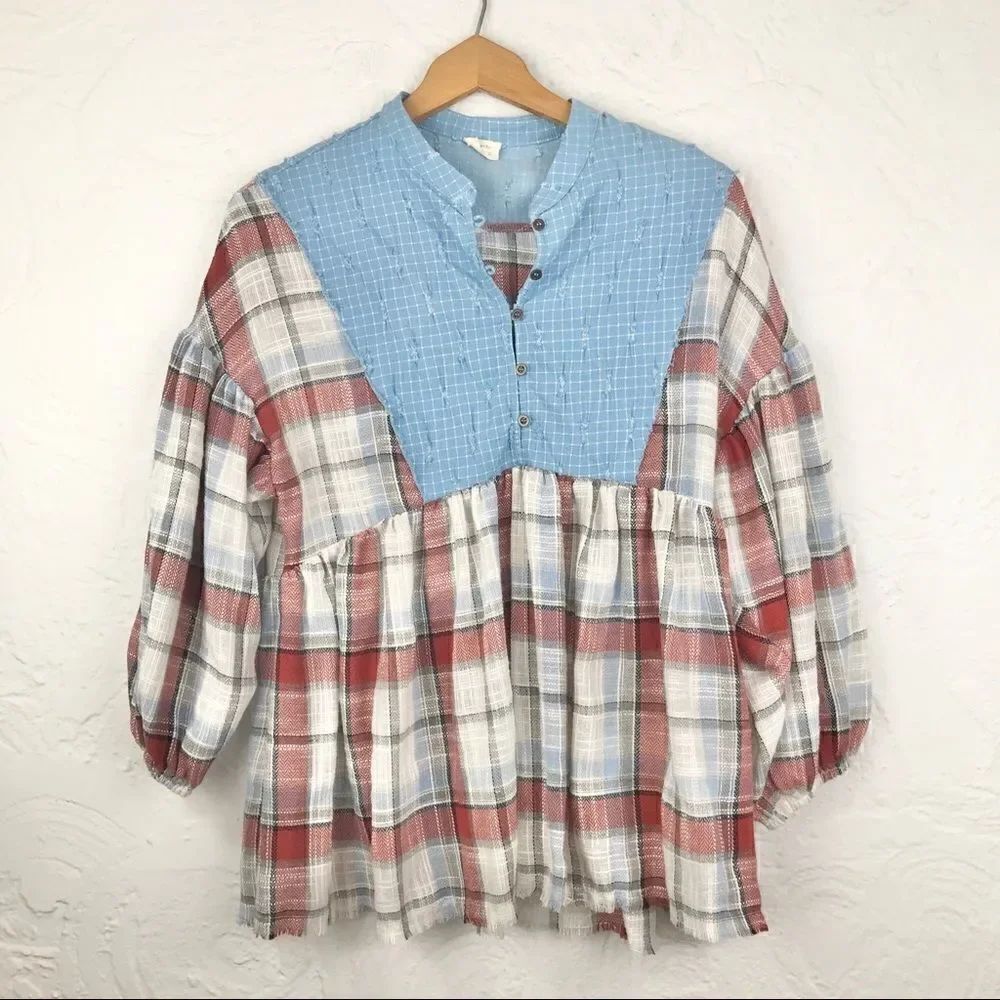 Hyku Anthropologie Blue/Plaid Contrast Blouse